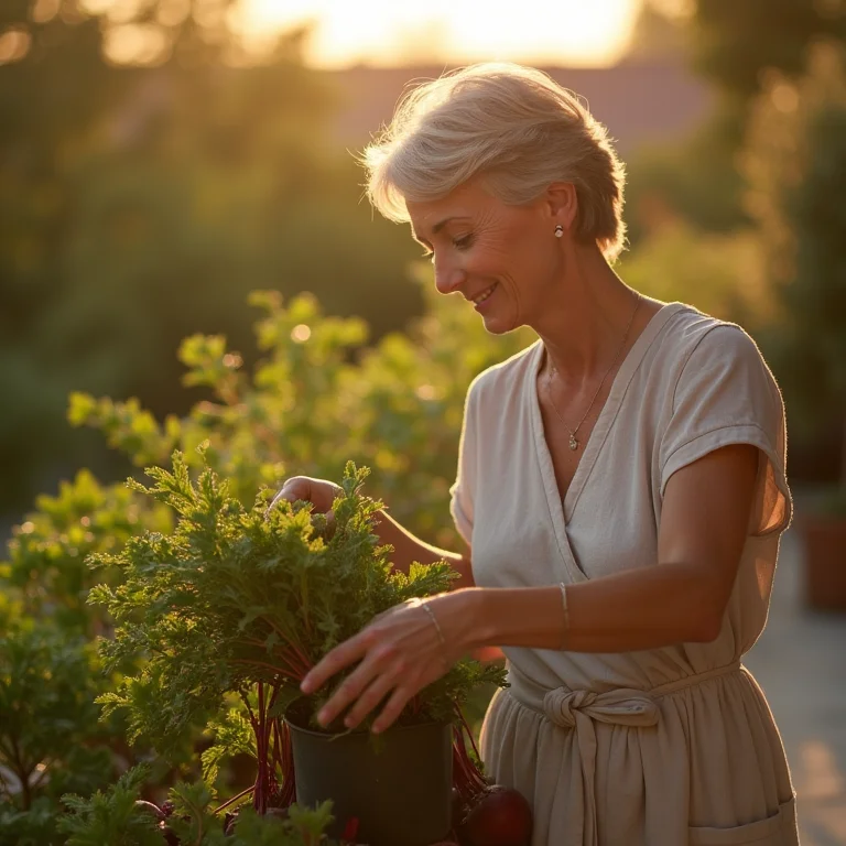 Mulher madura cuidando de vaso de beterraba na varanda