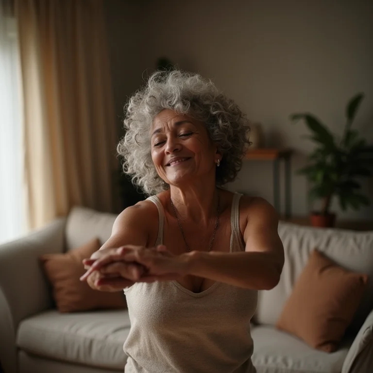Mulher madura dançando em casa para reduzir o estresse