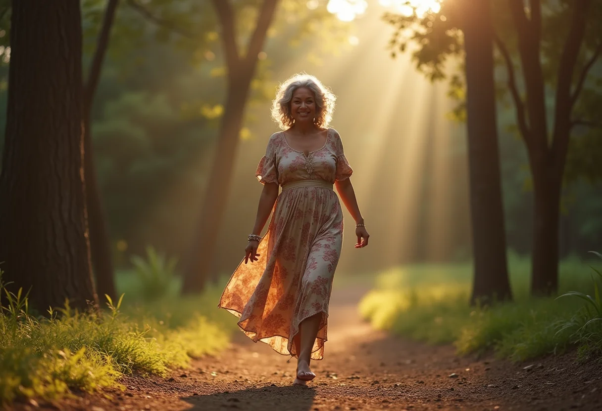 Dança com a Natureza: O ritual secreto para se reconectar Mulher madura dançando na natureza, reconexão e bem-estar