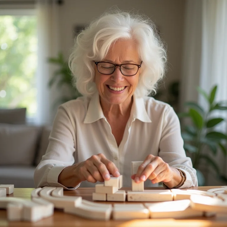 Mulher madura demonstrando como montar um circuito de bolinhas de gude.
