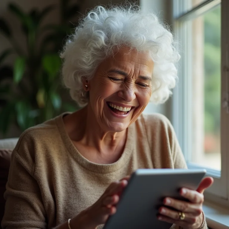 Mulher madura desativando notificações no tablet.