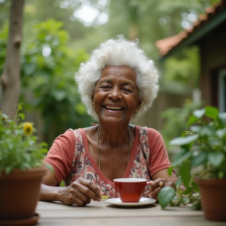 Mulher madura e sorridente cuidando do jardim com chá de ginseng.