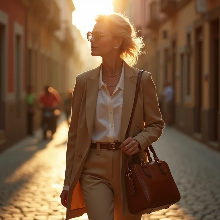 Mulher madura elegante com bolsa de couro estruturada