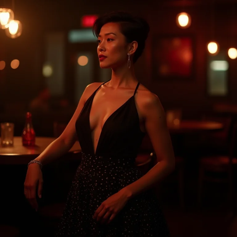 Mulher Madura Elegante com Vestido de Poá em um Clube de Jazz