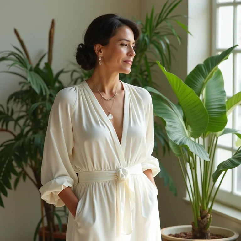 Mulher madura elegante com vestido de seda branco ao lado de Lírio da Paz