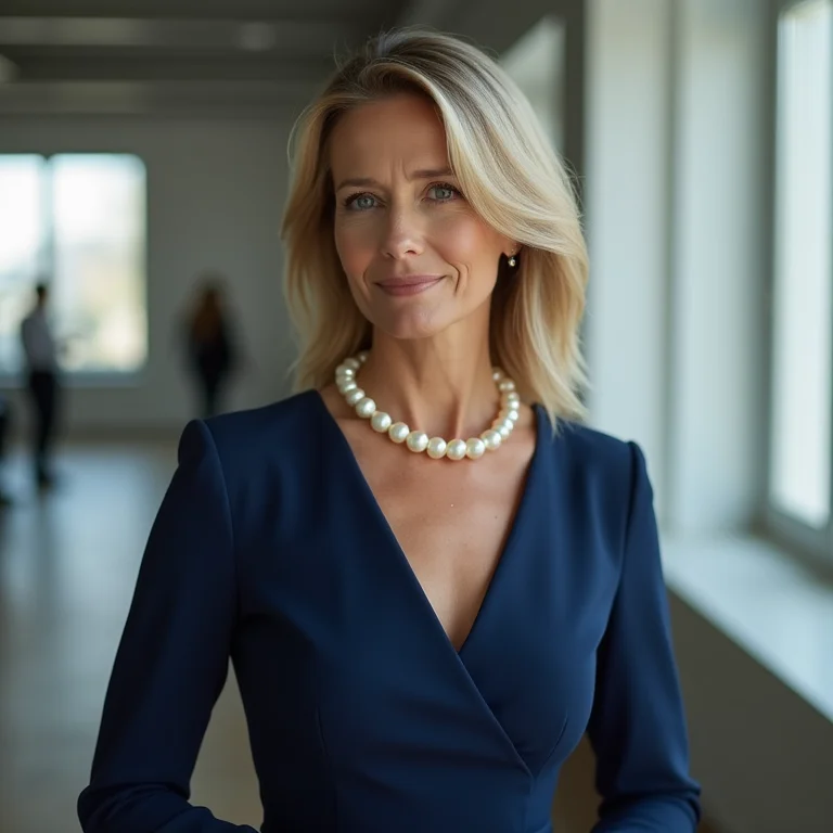 Mulher madura elegante usando vestido azul marinho no escritório.