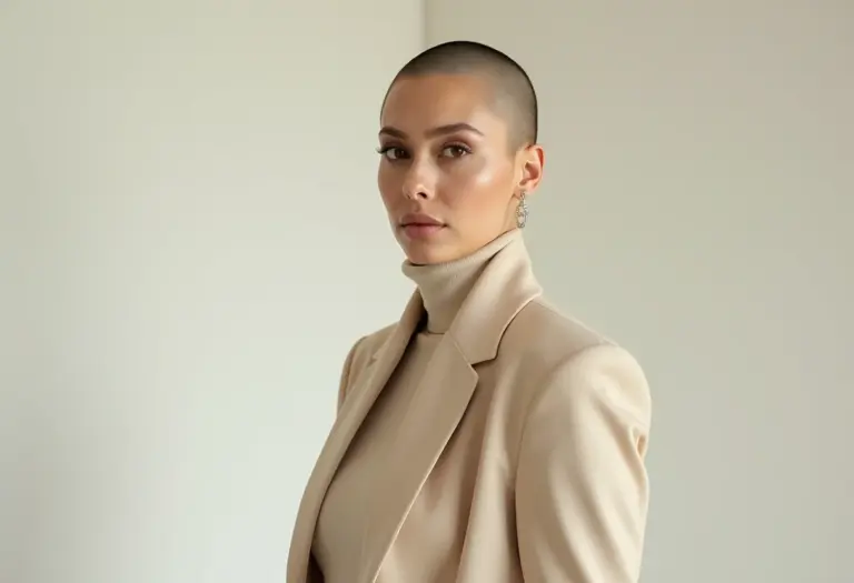 Mulher madura elegante vestindo look monocromático bege sofisticado