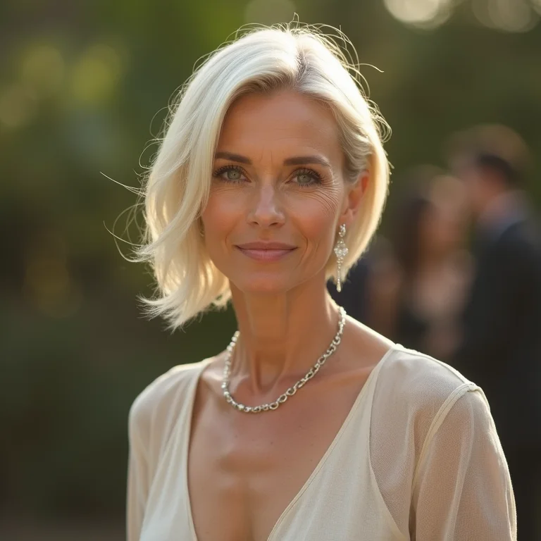 Mulher madura em um evento ao ar livre vestindo um vestido de linho