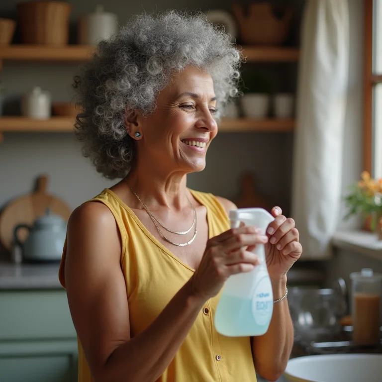 Mulher madura examinando rótulo de produto de limpeza.