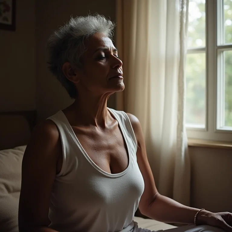 Mulher madura fazendo respiração da narina alternada