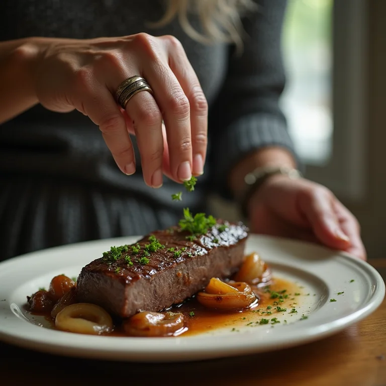 Mulher madura finalizando prato de fígado acebolado.
