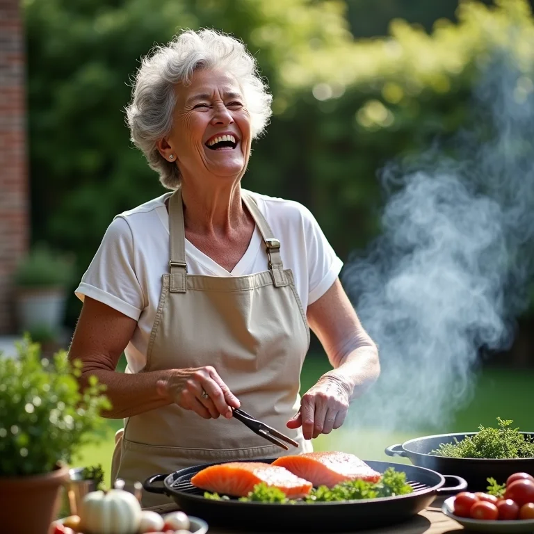 Mulher madura grelhando salmão com ervas frescas