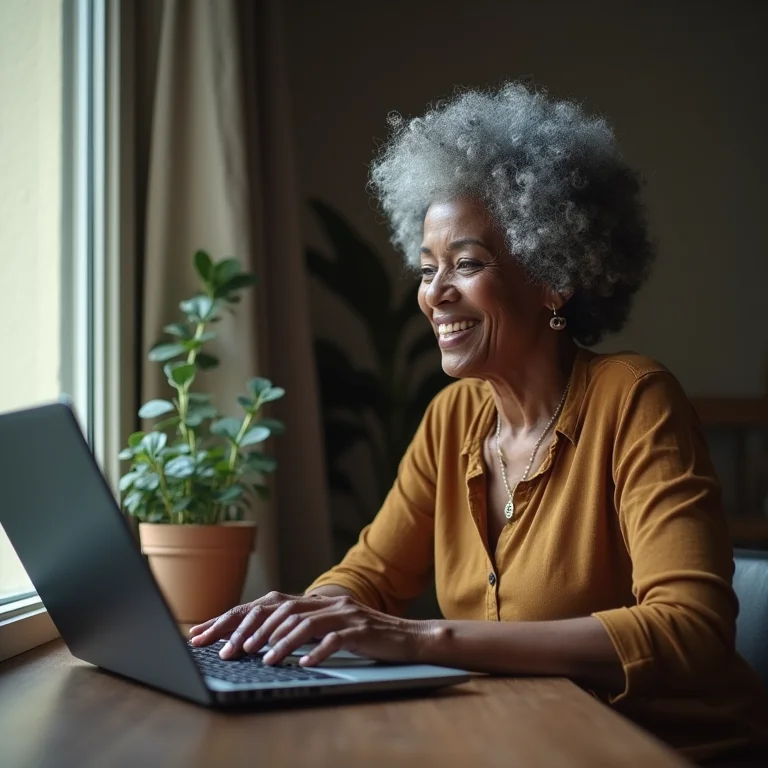 Mulher madura instalando WordPress em seu laptop