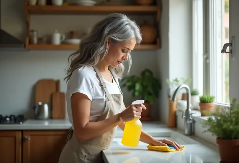 Mulher madura limpa bancada da cozinha com desinfetante caseiro