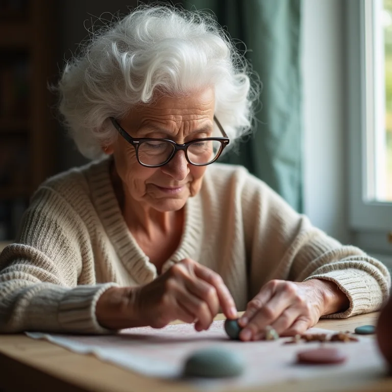Mulher madura lixando bijuteria de cerâmica plástica.