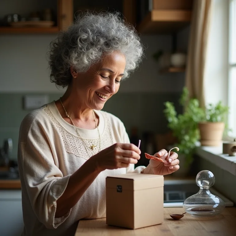 Mulher madura organizando seus sachês de chá.