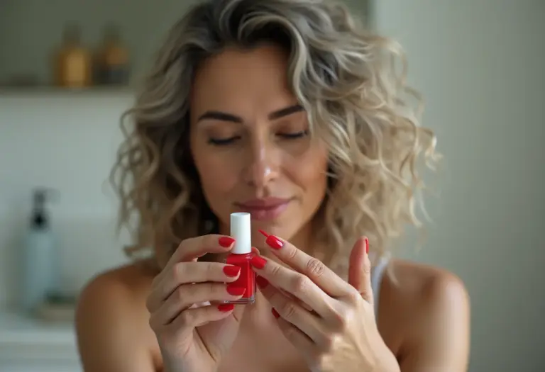 Mulher madura pintando as unhas com esmalte vermelho