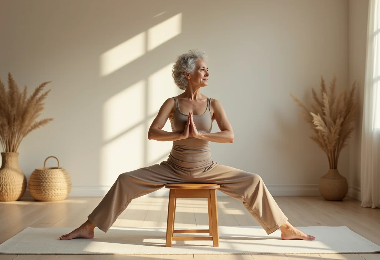 Ioga com cadeira: 5 posições secretas que aliviam suas dores Mulher madura praticando ioga com cadeira em estúdio de ioga