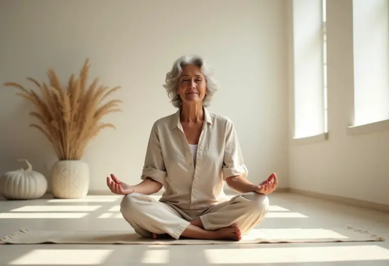 Mulher madura praticando ioga sentada