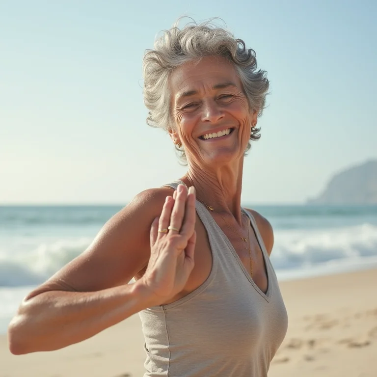 Mulher madura praticando postura de yoga para iniciantes na praia