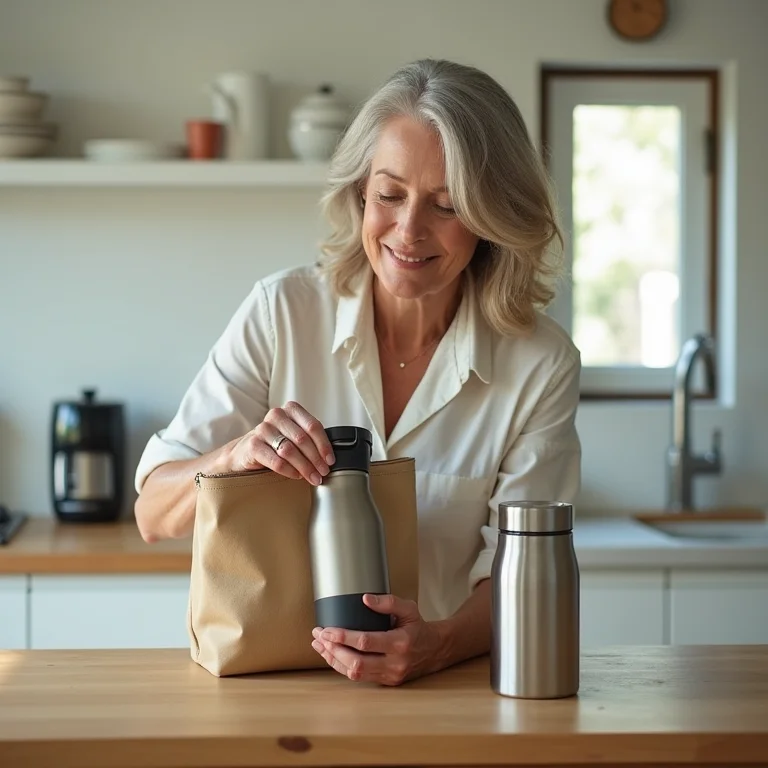 Mulher madura preparando hidratação para lancheira.