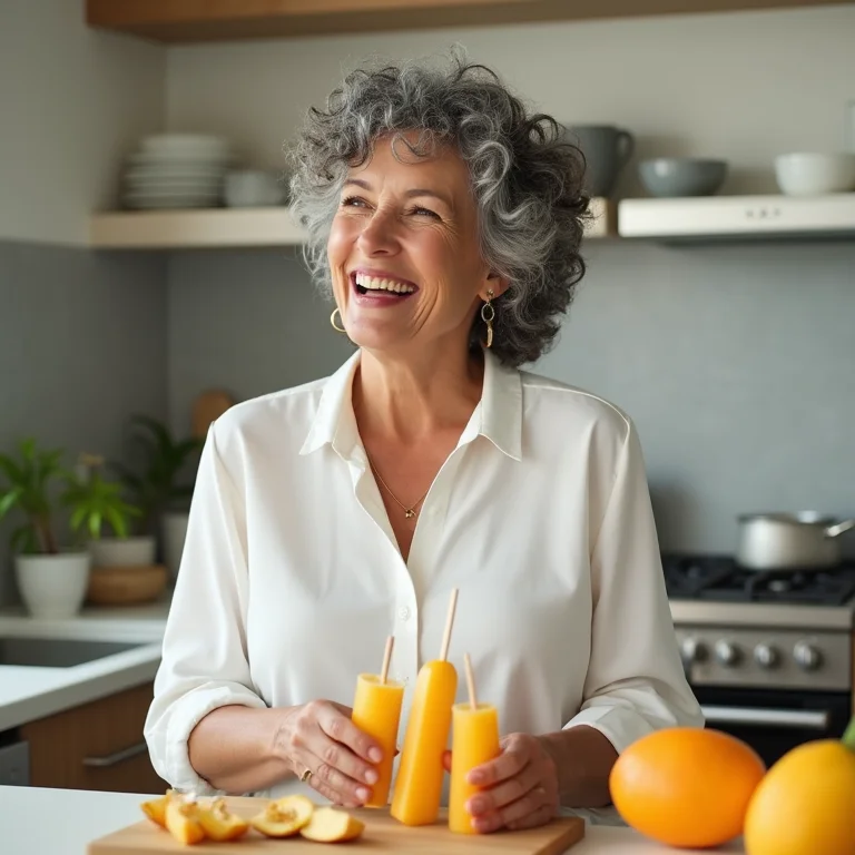 Mulher madura preparando picolés de manga e maracujá