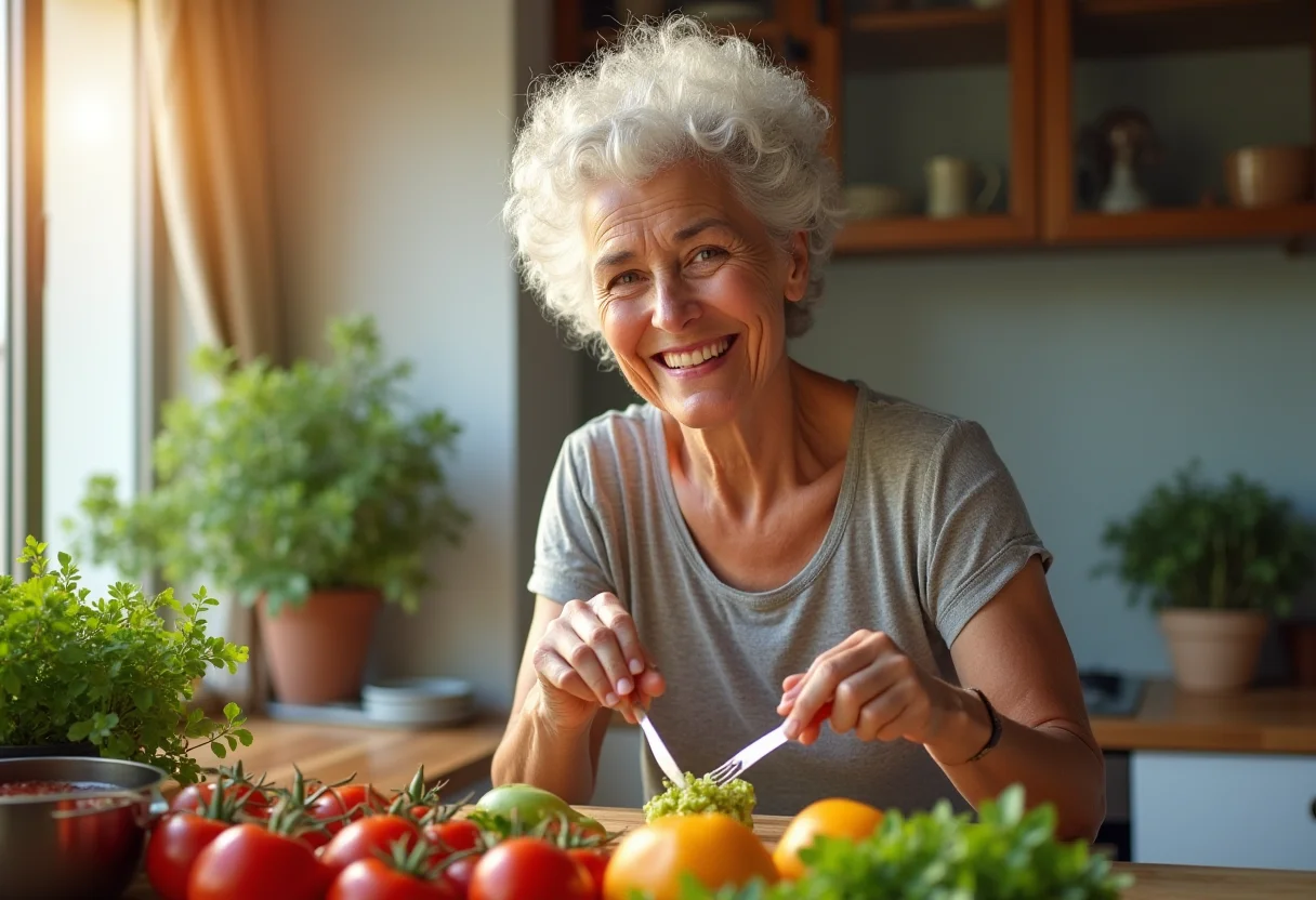 Dores nas articulações? A alimentação que alivia (e a que piora) Mulher madura preparando refeição saudável para aliviar dores nas articulações.