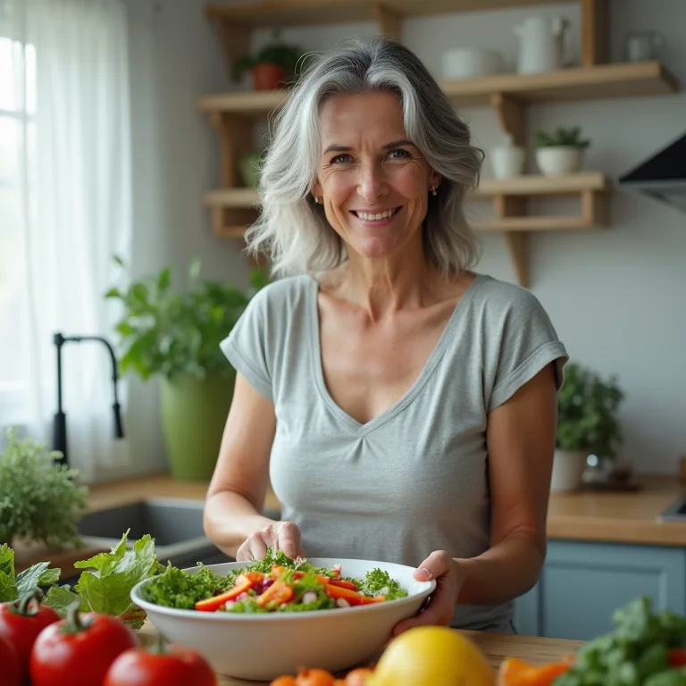 Mulher madura preparando salada nutritiva