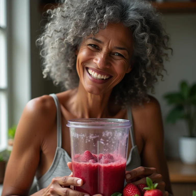 Mulher madura preparando suco energético