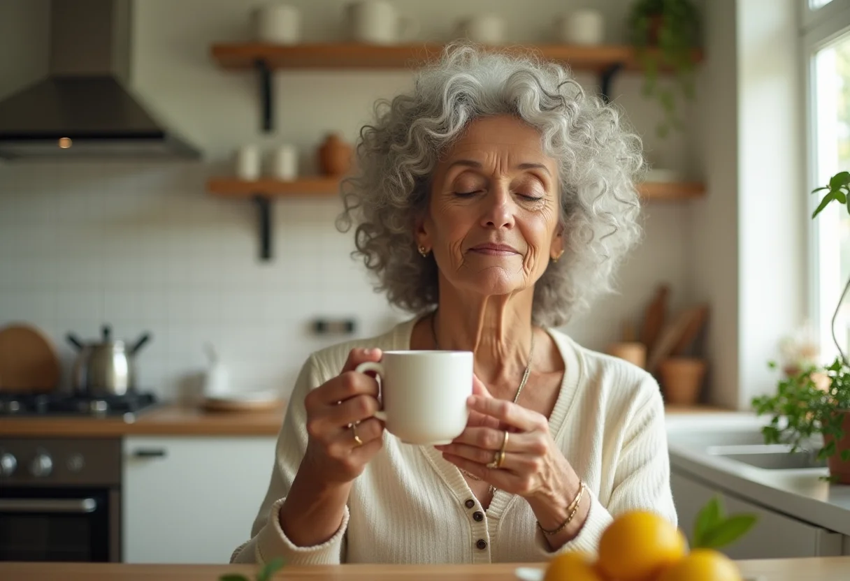 Mulher madura relaxando com chá de erva cidreira