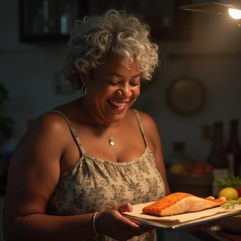 Mulher madura retirando salmão assado do forno