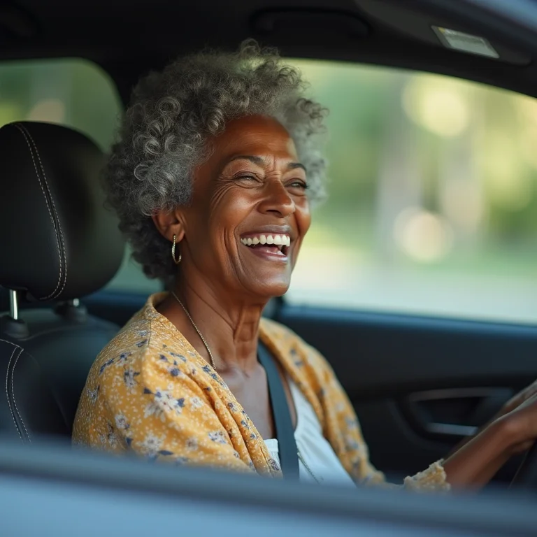 Mulher madura rindo durante aula prática de direção