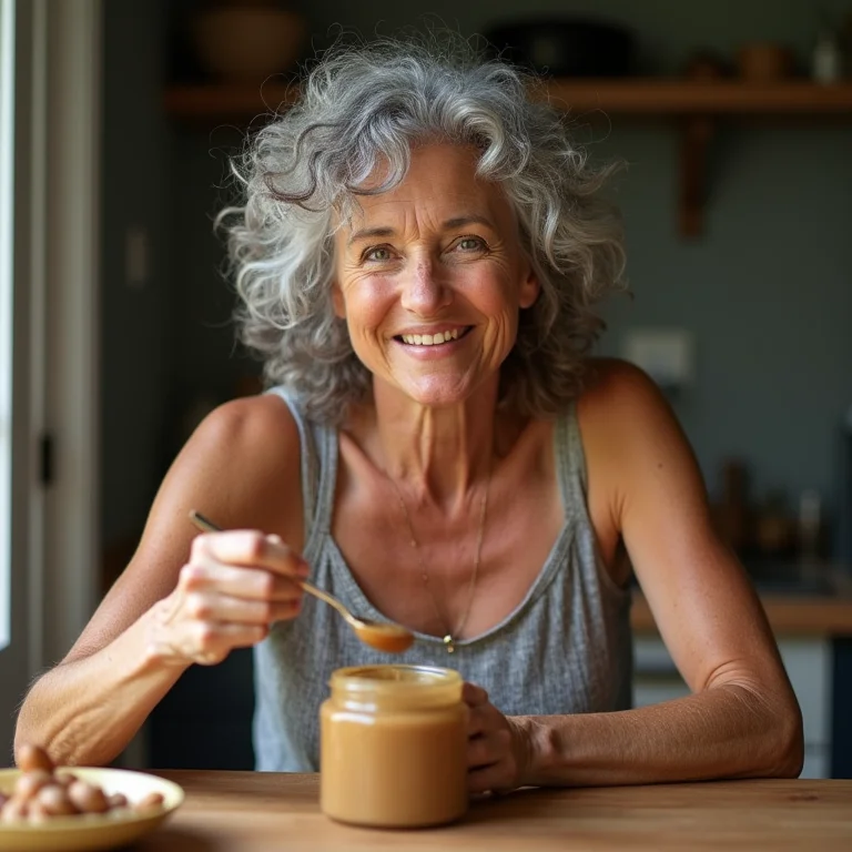 Mulher madura saboreando manteiga de avelã em sua cozinha