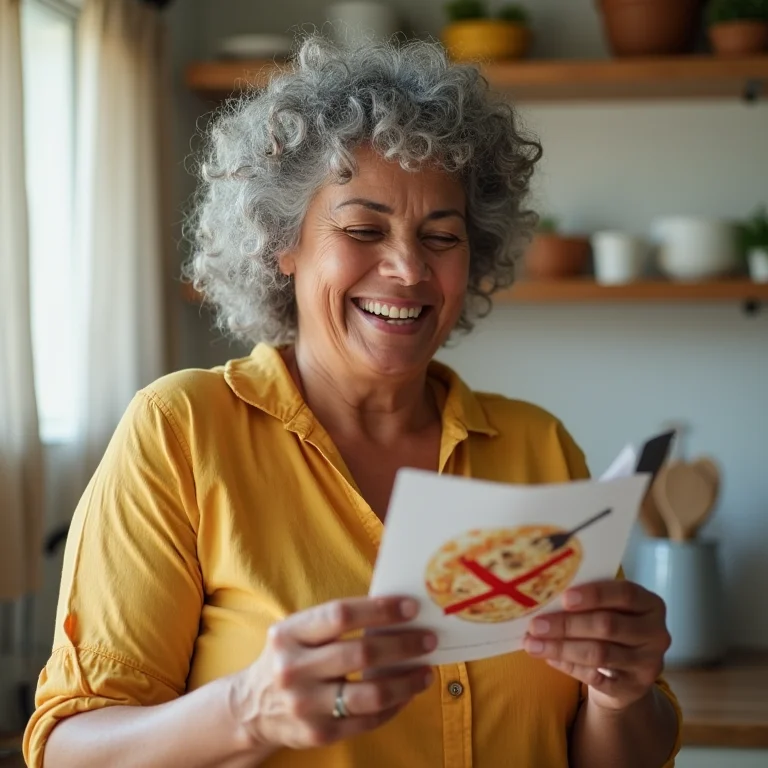 Mulher madura sorrindo ao identificar alimentos proibidos em rótulo.