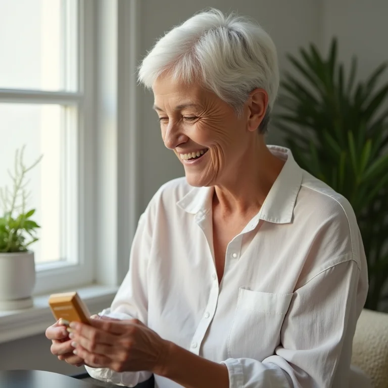 Mulher madura sorrindo ao ler rótulo de cosmético natural
