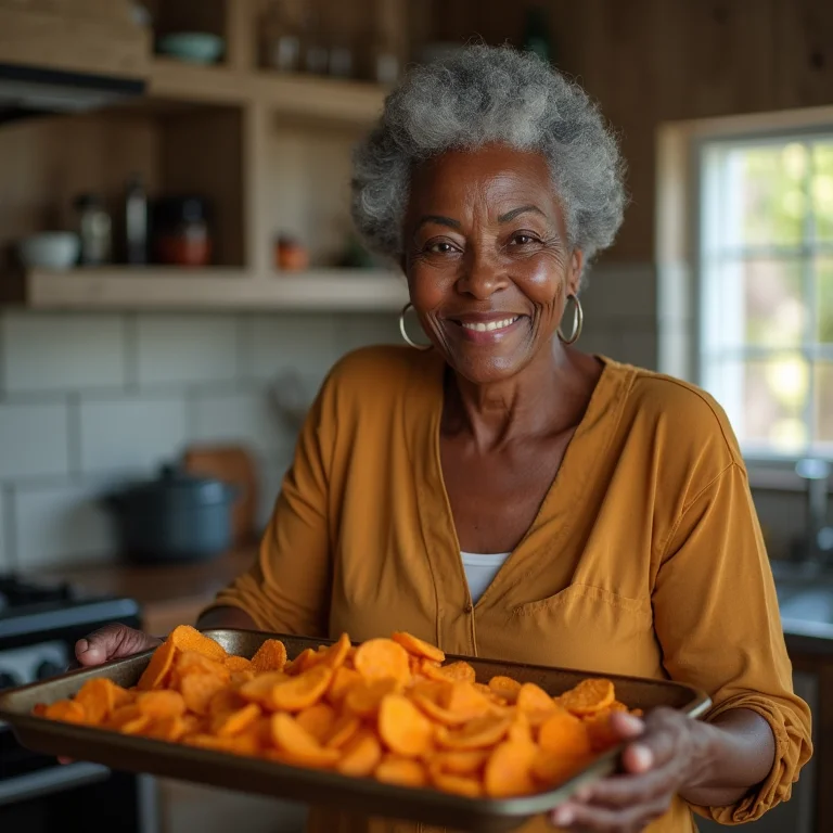 Mulher madura sorrindo ao retirar chips de batata doce do forno.