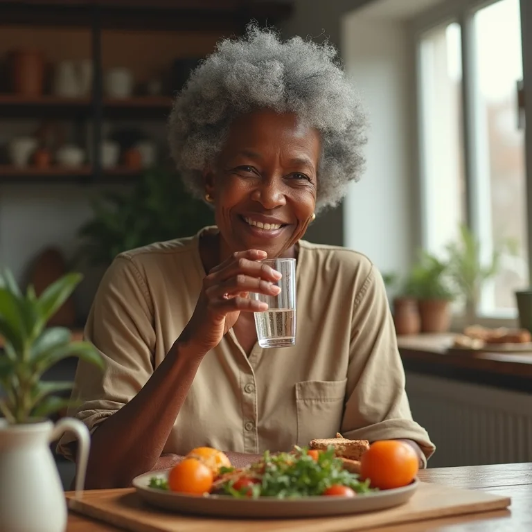 Mulher madura sorrindo após refeição com linhaça para digestão