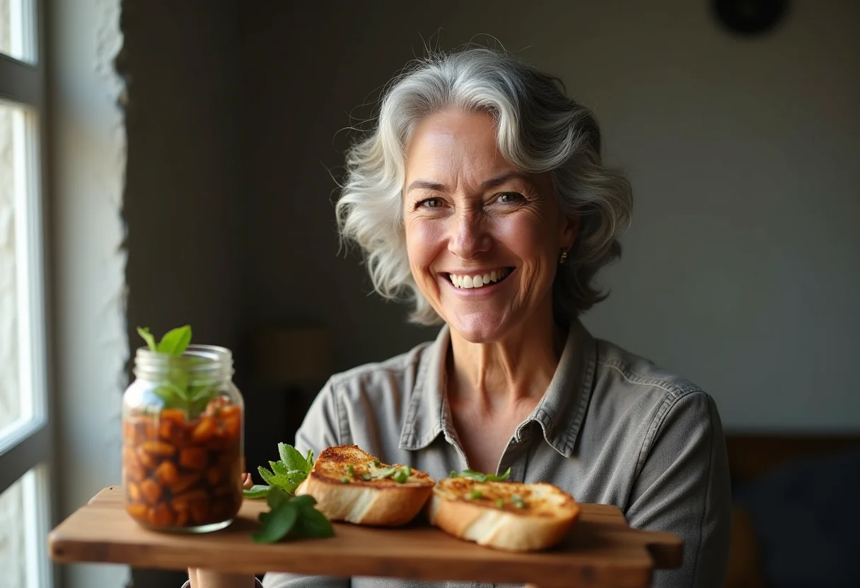 Antepasto de Berinjela: Segredo para um sabor incrível (e fácil) Mulher madura sorrindo com antepasto de berinjela caseiro