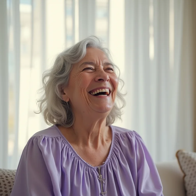 Mulher madura sorrindo com blusa franzida