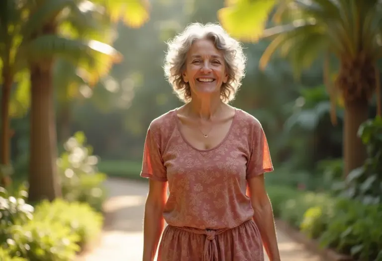 Mulher madura sorrindo em jardim ensolarado, transmitindo otimismo.
