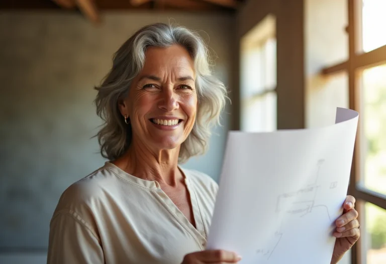 Mulher madura sorrindo em obra segurando planta