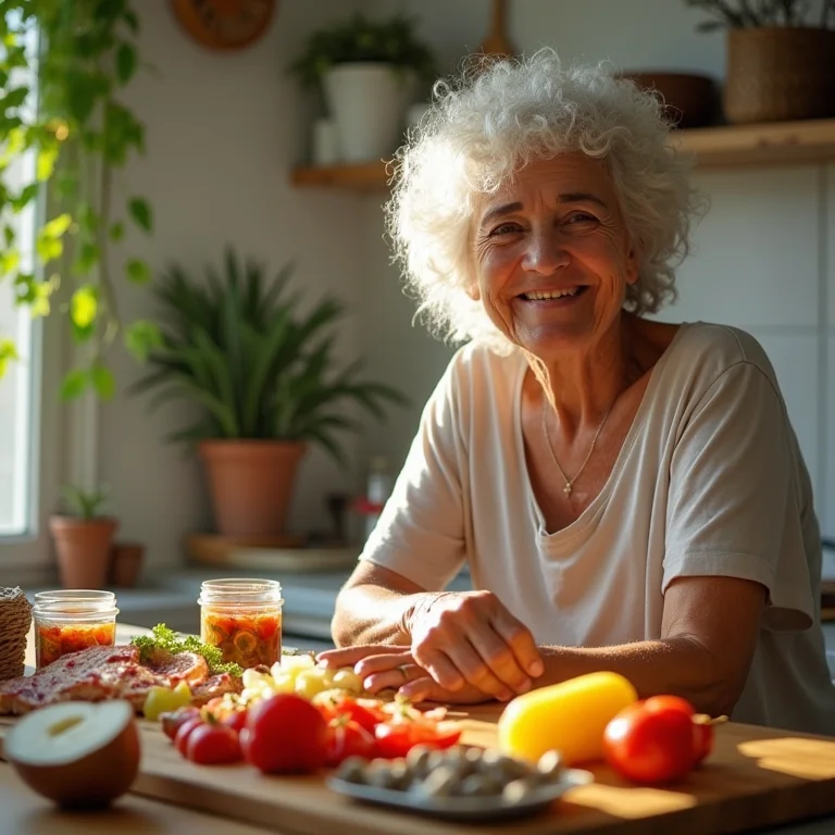Mulher madura sorrindo enquanto prepara legumes em conserva.