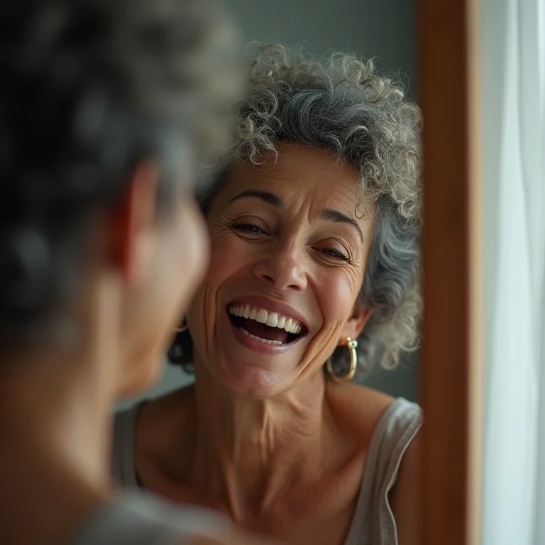 Mulher madura sorrindo, refletindo energia e bom humor.