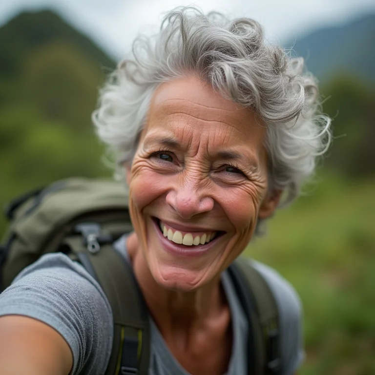 Mulher madura tirando selfie no Parque Estadual de Campos do Jordão