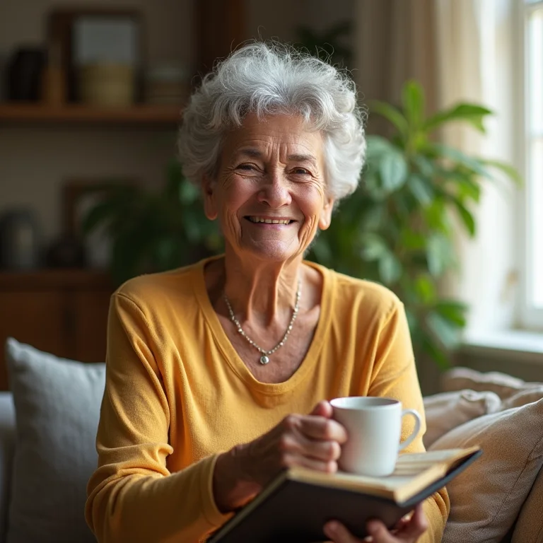 Mulher madura tomando chá de poejo com limão e escrevendo