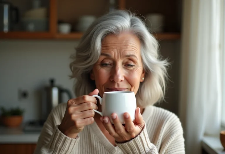 Mulher madura tomando chá para aliviar dor de garganta