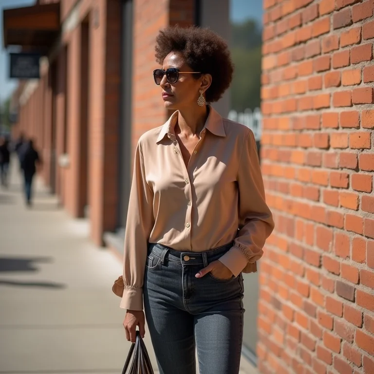 Mulher madura usando bota de cano curto, look casual e elegante