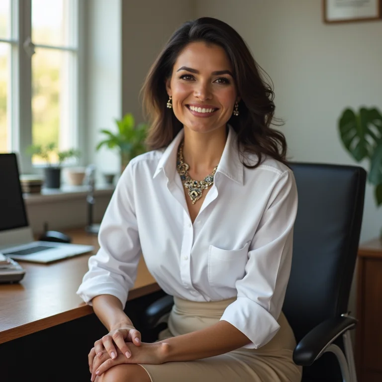 Mulher madura usando camisa branca de algodão com saia lápis em ambiente de trabalho
