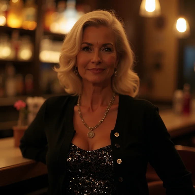 Mulher madura usando cardigan curto com top de paetês em um bar