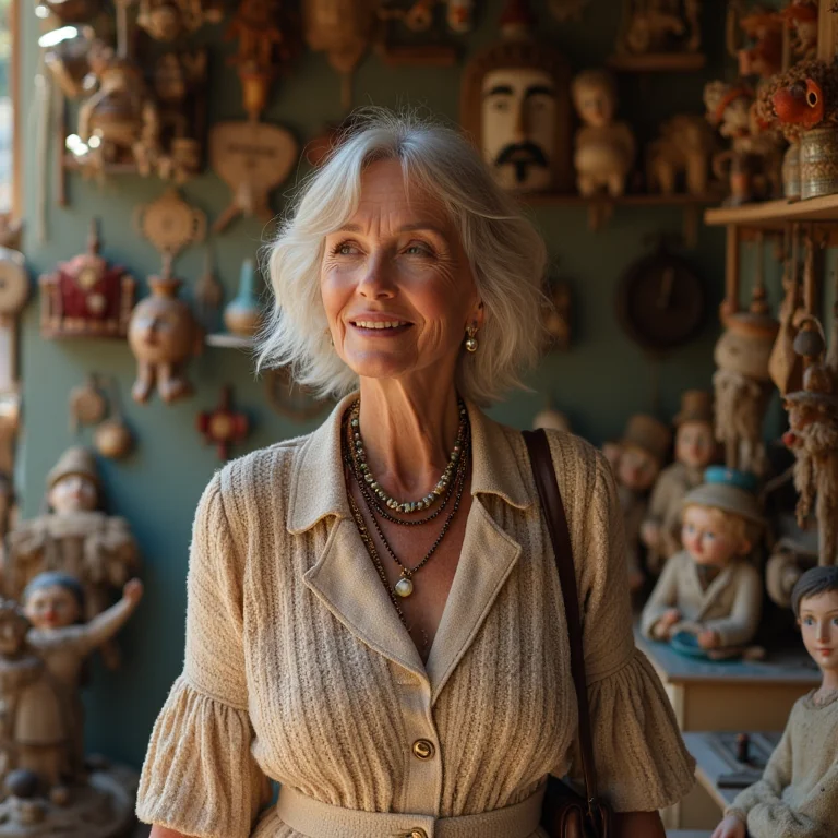 Mulher madura vestindo roupa estilosa com acessórios vintage garimpando objetos de arte popular em loja vintage